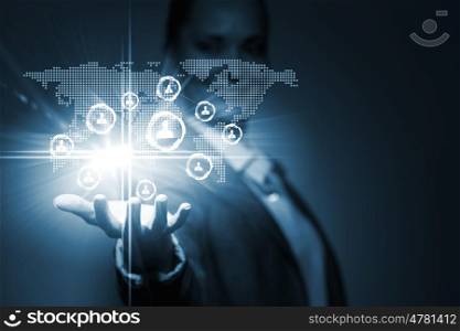 Networking concept. Close up of businesswoman holding media icons in palm
