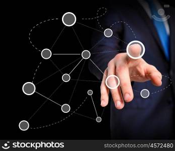 Networking concept. Human hand touching connection lines of network concept