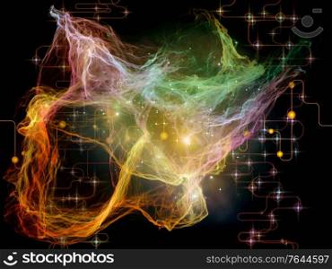 Networking Randomness series. Interplay of organic fractal geometry, network lines and lights on the subject of modern technology and scientific research.