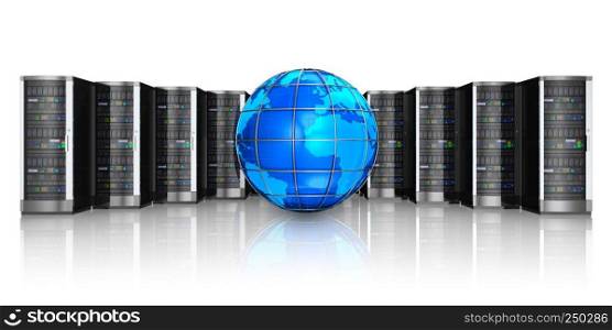 Networking, web cloud computing and telecommunication service internet concept: row of black network servers with blue glossy Earth globe world map isolated on white background with reflection effect