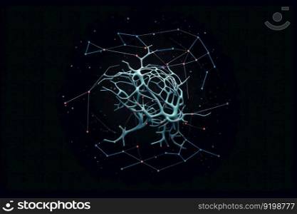 neural network tree, learning artificial intelligence in dark background generative ai.