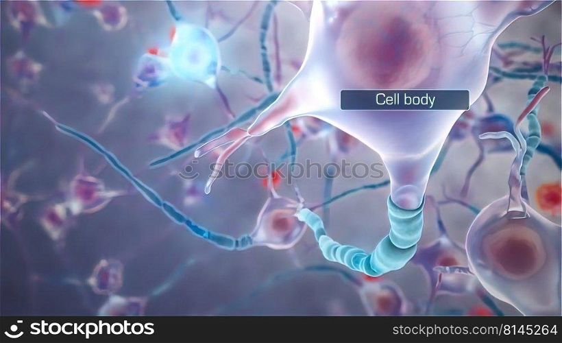 Neural transmission. Neuron receiving and transmitting an impulse 3d illustration. Nerve Cell Destructionin Multiple Sclerosis