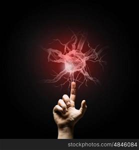 Neurology concept. Close up of male hand touching icon on screen