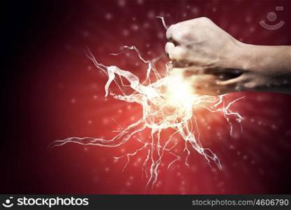 Neurology study. Close up of man hand striking nerve symbol