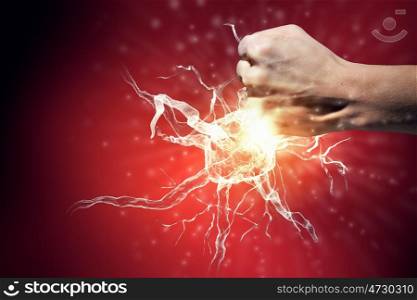 Neurology study. Close up of man hand striking nerve symbol