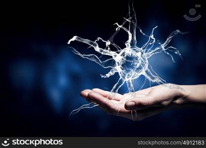Neurology study. Close up of man hand touching nerve symbol