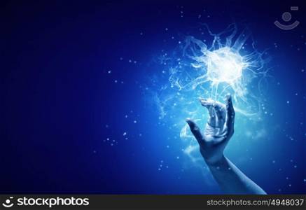 Neurology study. Close up of man hand touching nerve symbol on blue background