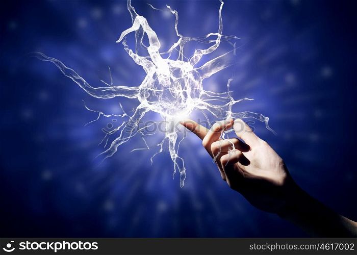Neurology study concept. Close up of man hand touching nerve symbol