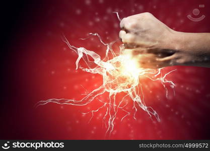 Neurology study concept. Close up of man hand touching nerve symbol