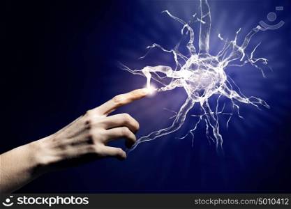 Neurology study concept. Close up of man hand touching nerve symbol