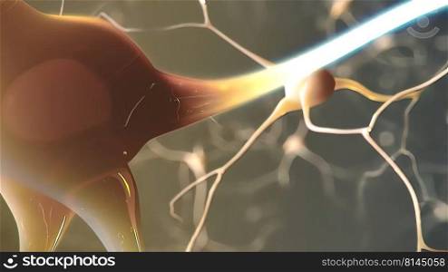 Neuron and synapses 3d medical illustration. Neurogenesis, remyelination, myelin,. Neuron and synapses