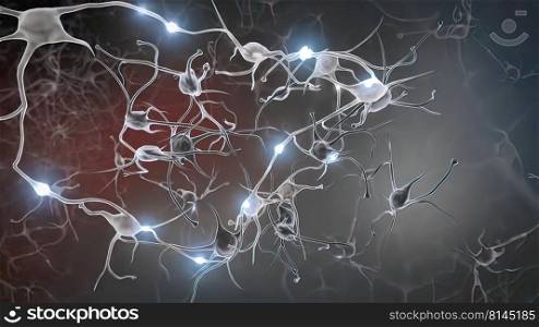 Neuron and synapses 3d medical illustration. Neurogenesis, remyelination, myelin,. Neuron and synapses