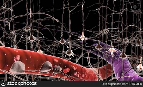 Neuron and synapses 3d , medical illustration.. Neuron and synapses medical illustration.