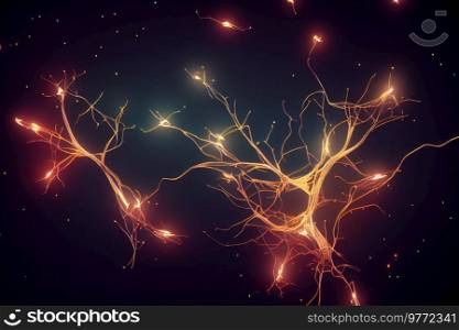 Neuron brain cells with light impulses, 3d illustration. Neuron cells with light impulses