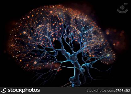 Neuron cells with light impulses in brain, 3d illustration. Neuron cells with light impulses