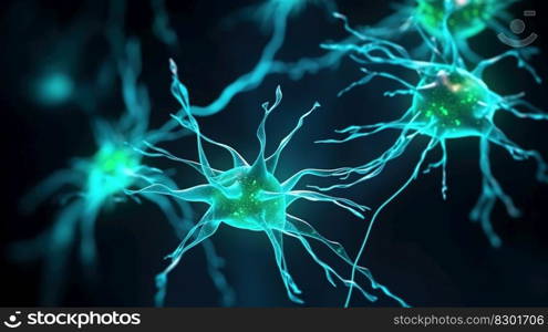 Neurons and Synapses Sending Signals in Glowing Network. Generative AI