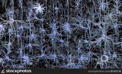 Neurons in action. electrical impulses between neuronal connections 3d illustration. Neurons in action. electrical impulses between neuronal connections