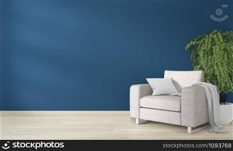 Neutral interior with velvet armchair on empty blue dark wall background. 3D rendering.