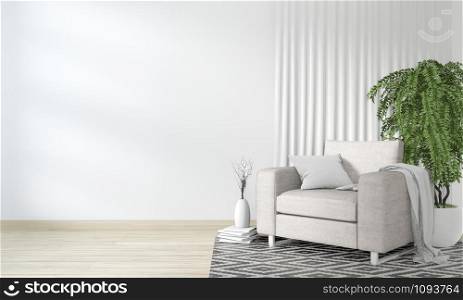 Neutral interior with velvet armchair on empty room background. 3D rendering.