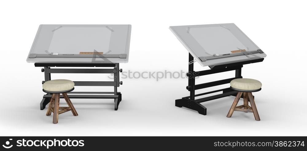 New black metallic drawing table with tools and stool , clipping path included