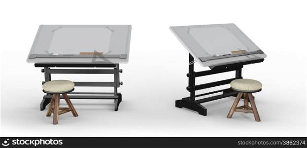 New black metallic drawing table with tools and stool , clipping path included