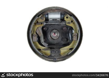 New brake pads and cylinder brake drum, isolated on a white background