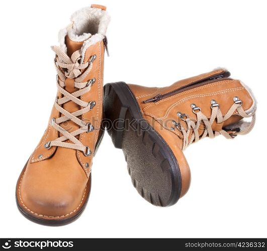 new brown leather outdoor boots isolated on white background