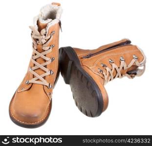 new brown leather outdoor boots isolated on white background