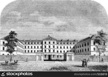 New buildings of the Royal Institution for Blind Youth, boulevard des Invalides, vintage engraved illustration. Magasin Pittoresque 1843.