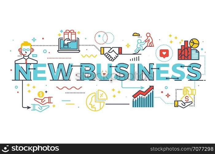 New business word lettering illustration in business concept. Design in modern style with related icons ornament concept for ui, ux, web, app banner design