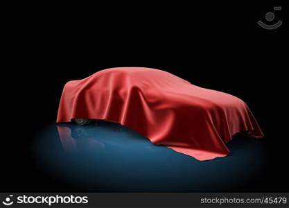 New car presentation. 3D illustration of the car covered red fabric