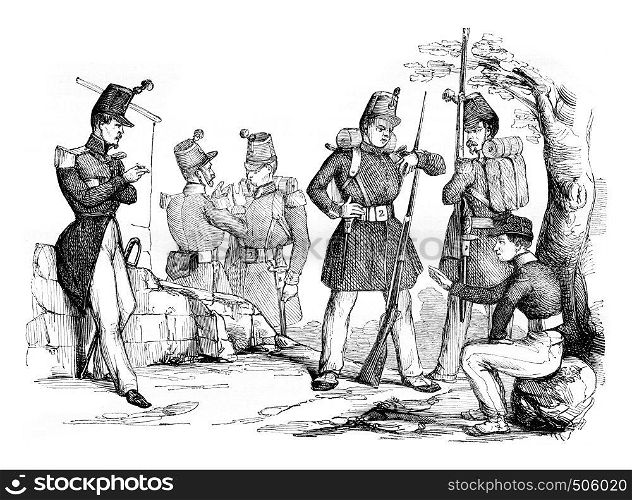 New changes in equipment and clothing of the infantry, vintage engraved illustration. Magasin Pittoresque 1842.