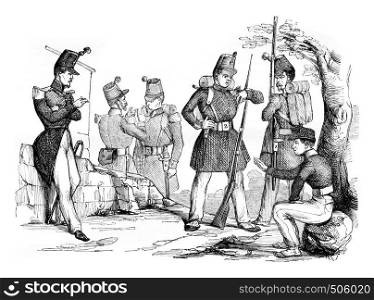 New changes in equipment and clothing of the infantry, vintage engraved illustration. Magasin Pittoresque 1842.