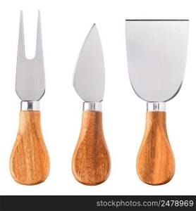 New cheese knife set with wooden handle isolated on white background