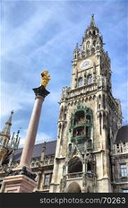 New city hall and the column of St. Mary at Marienplatz in Munich, Germany
