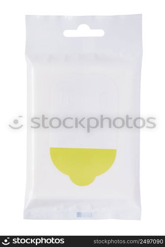 New clean closed wet wipes plastic package with flap isolated on white background