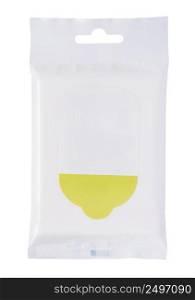 New clean closed wet wipes plastic package with flap isolated on white background