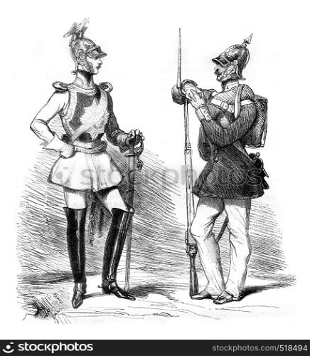New costumes for the Prussian army, Cavalry and infantry, vintage engraved illustration. Magasin Pittoresque 1845.