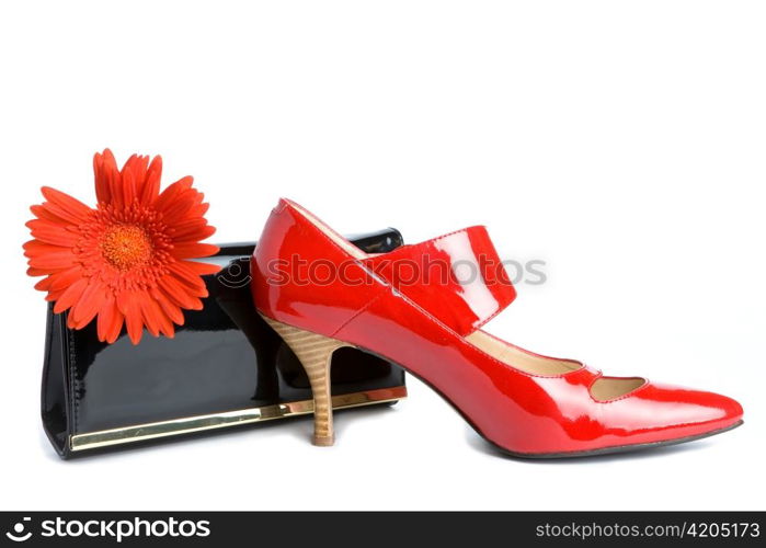 new elegant Shoes on a high heel and varnished leather handbag and flower