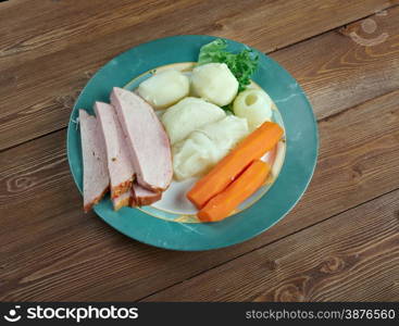 New England boiled dinner - basis traditional New England meal, consisting of corned beef with cabbage and vegetable, potato.popular in New England and parts of Atlantic Canada.