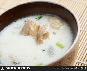 New England clam chowder with halibut