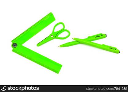 new green office supplies on white background
