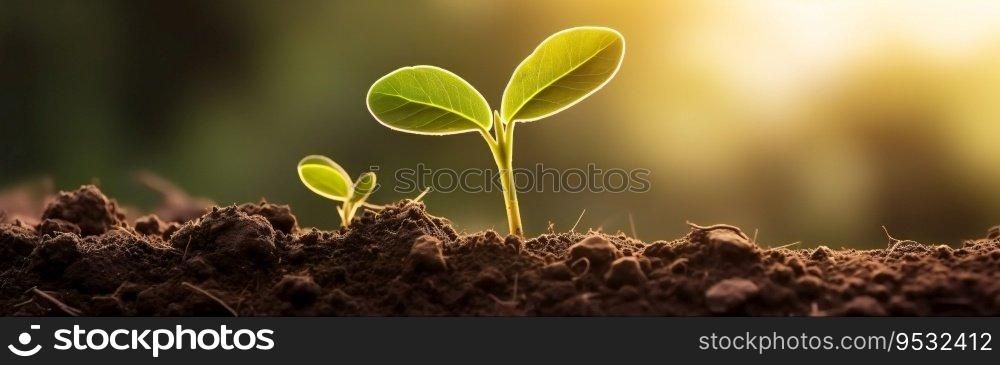 New growth concept with young green plant coming out of the fresh soil, ground