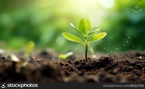 New growth concept with young green plant coming out of the fresh soil, ground