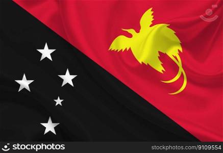 New Guinea country flag on wavy silk fabric panorama background - illustration. New Guinea country flag on wavy silk fabric panorama background