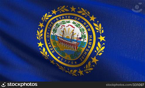 New Hampshire state flag in The United States of America, USA, blowing in the wind isolated. Official patriotic abstract design. 3D rendering illustration of waving sign symbol.