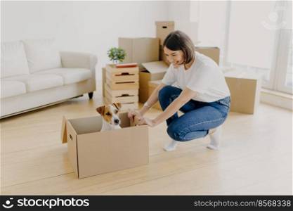 New home, moving day and relocation concept. Positive brunette woman plays with pedigree dog in carton container, unpack boxes with belongings, pose in spacious living room with comfortable sofa