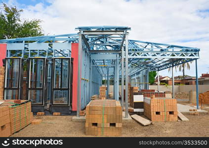 New home under construction using steel frames