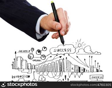 New idea. Close up of businessman drawing business strategy sketch