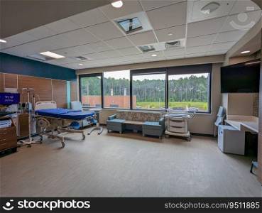 New Interior of new empty hospital patient room fully equipped